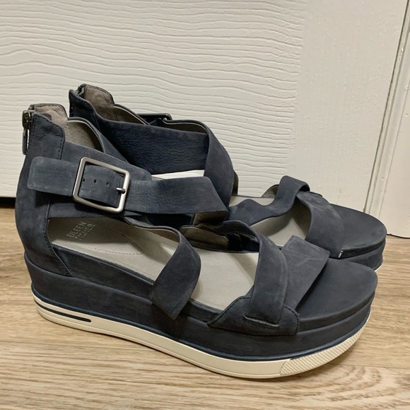 Eileen Fisher Platform Wedge Sandals Nubuck Leather Navy & White 10 EUC